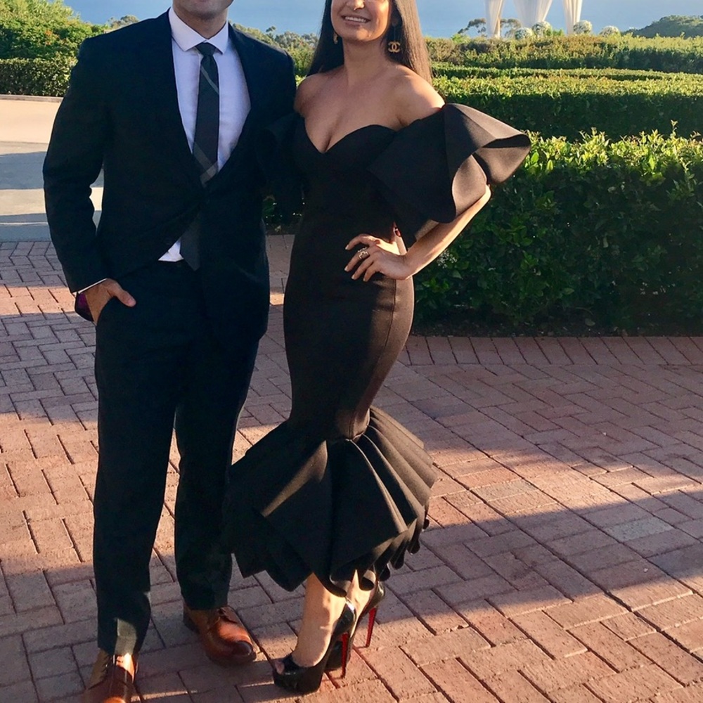 ASOS Black Off-Shoulder Ruffle Midi Dress - Picture 2 of 6